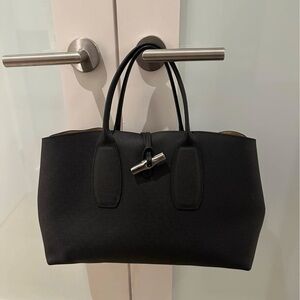 Longchamp Roseau Medium Tote Black with Silver Hardware Size Medium